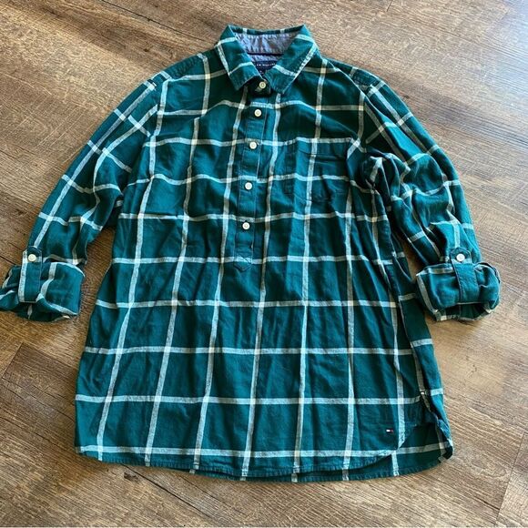 Tommy Hilfiger Shirt Plaid Popover Half Button Down Top Green - Picture 6 of 13